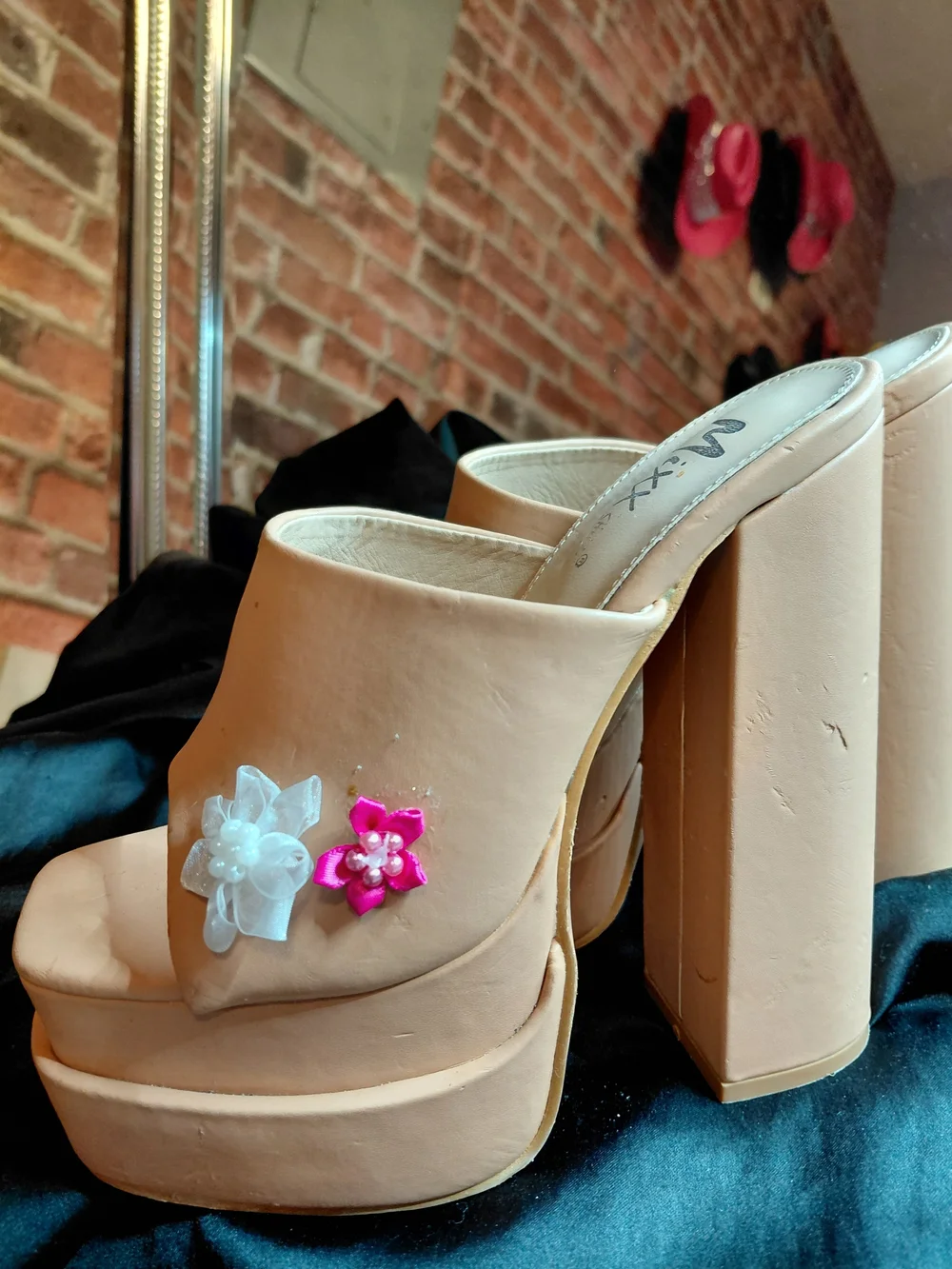 Mixx Shuz Blush Platform Mule Heels with Pink & White Floral Accent